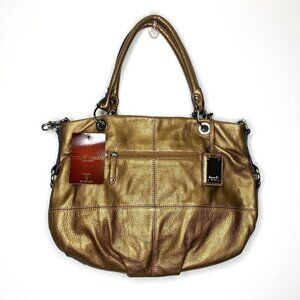 NWT Tignanello Leather Tote Bag Brass Gold Metallic Pebbled Shoulder Purse